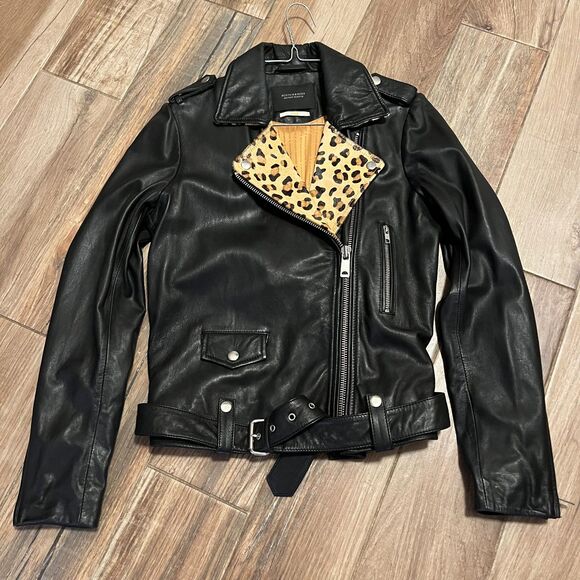 Scotch & Soda Womens Black Leather & Leopard Trim Biker Jacket NWOT Small - Picture 7 of 12